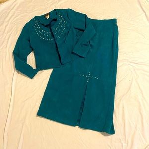 Vintage faux suede turquoise skirt and jacket set